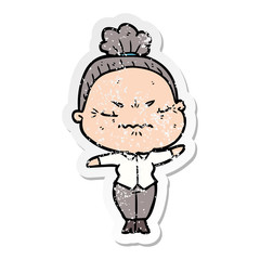 distressed sticker of a cartoon annoyed old lady