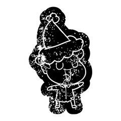laughing cartoon distressed icon of a man wearing santa hat