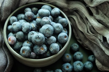 Blueberries on black plate and black background. 