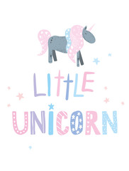 Cute Unicorn with lettering phrases Vector art isolated on white background Pastel colors.