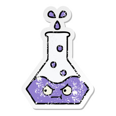 distressed sticker of a cute cartoon science beaker