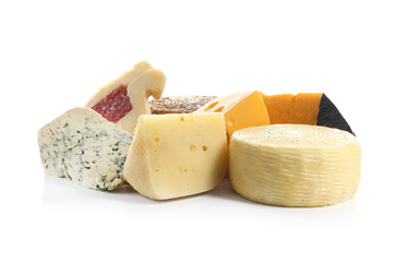 Assortment of tasty cheese on white background