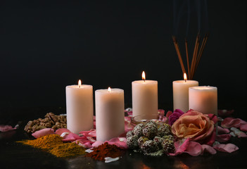 Festive composition for celebration of Divaly on dark background