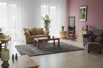 Fototapeta na wymiar Stylish interior of big living room