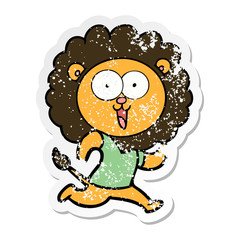 distressed sticker of a happy cartoon lion