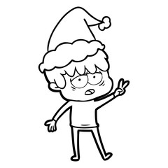 line drawing of a exhausted boy wearing santa hat