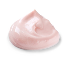 Tasty strawberry yogurt on white background