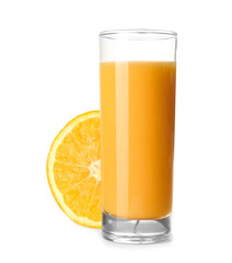 Glass of tasty orange juice on white background