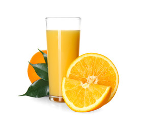 Glass of tasty orange juice on white background
