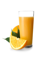 Glass of tasty orange juice on white background