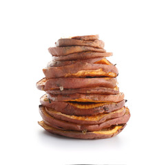 Tasty sweet potato chips on white background