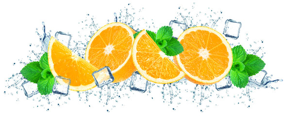 orange water splash and ice cubes isolated on the white