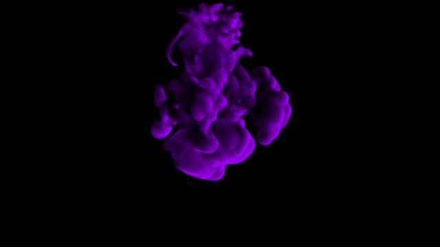 UHD 3D animated simulation of the purple ink in a liquid against the black background