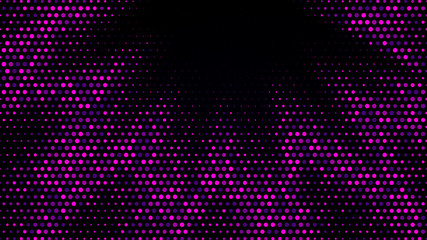 Festive shiny neon background. Halftone gradient pattern vector illustration. Explosion, salute. Pink dotted, purple dark halftone texture. Pop Art style purple pink comics Background. Dots background