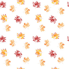 Seamless vector pattern, leaf imprints, autumn colors, natural textures, transparent backdrop