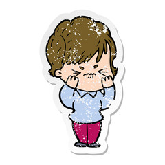 distressed sticker of a cartoon frustrated woman
