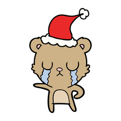 crying line drawing of a bear wearing santa hat