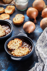 Delicious onion soup with croutons and cheese