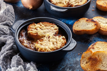 Delicious onion soup with croutons and cheese