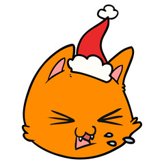 spitting line drawing of a cat face wearing santa hat
