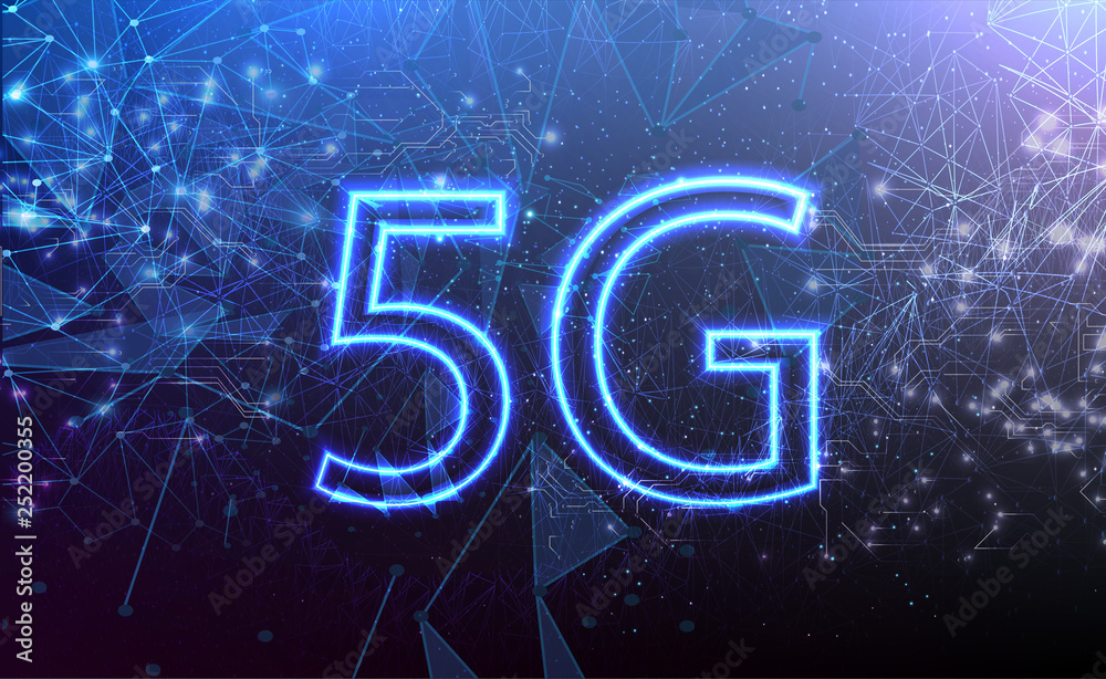 Poster 5g new wireless internet wifi connection. abstract polygonal space low poly dark background with con