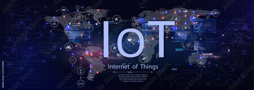 Poster concept internet of things devices and connectivity concepts on a network. spider web of network con