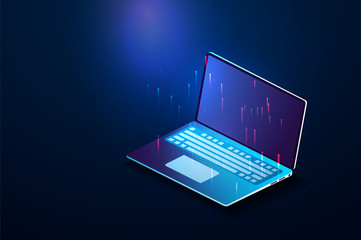 Open laptop computer in an isometric style on a blue background. Easy to edit for your convenience. Vector