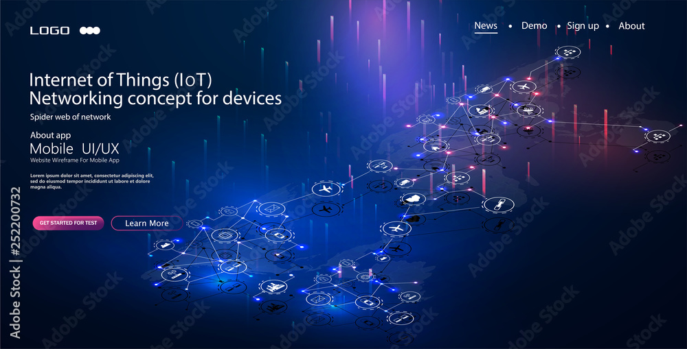 Poster Internet of things (IoT) and networking concept for connected devices. Spider web of network connections with on a futuristic blue background.