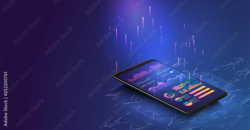 Poster Application of smartphone with business graph and analytics data on isometric laptop . Analysis trends and financial strategy by using infographic chart. Online statistics and data Analytics. Vector