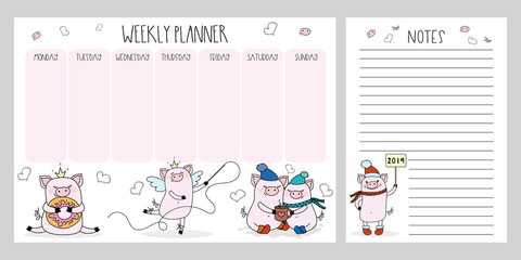 Weekly planner and notes with cute pigs,adorable farm animals,template page