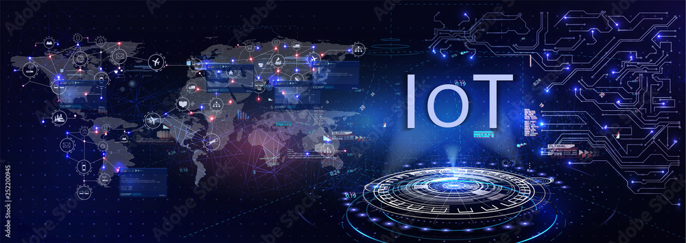 Poster internet of things (iot), devices and connectivity concepts on a network. spider web of network conn