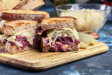 Reuben Sandwich with corned beef, cheese and sauerkraut