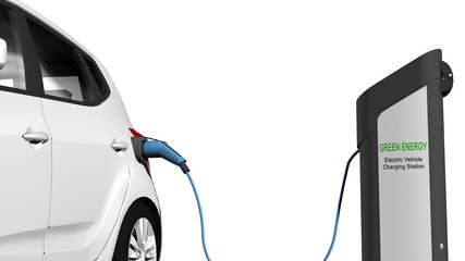 Naklejka premium Electric cars charging on charge station – electro mobility environment friendly - isolated in white - 3d render