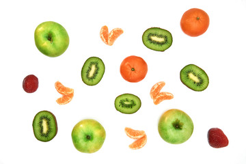 set of fruits: apples, tangerines, kiwi, strawberry isolated on white background, flat lay