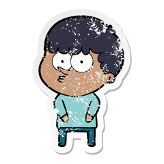 distressed sticker of a cartoon curious boy