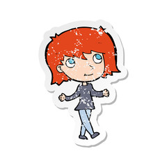 retro distressed sticker of a cartoon girl with no worries