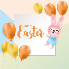 Cute cartoon bunny with flying balloon, Happy Easter banner, Vector Illustration