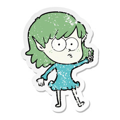distressed sticker of a cartoon shocked elf girl