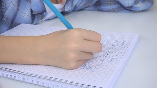 Child Writing in Classroom, Studying, Kid Homework, Student Learning Mathematics