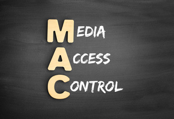 Wooden alphabets building the word MAC - Media Access Control acronym on blackboard