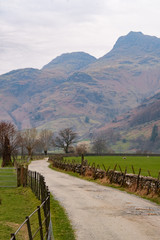 The Langdale Pikes seen from a byway winding its way along the Great Langdale valley, Lake District, UK