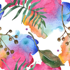 Exotic tropical hawaiian summer. Palm beach tree leaves. Watercolor illustration set. Seamless...
