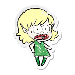 distressed sticker of a cartoon shocked elf girl