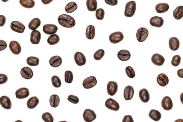 Top view Roasted coffee beans is a frame pattern isolated on white background. To use as a wallpaper image.