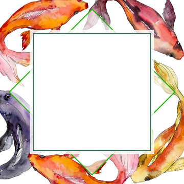 Aquatic underwater colorful tropical goldfish set. Watercolor background illustration set. Frame border ornament square.