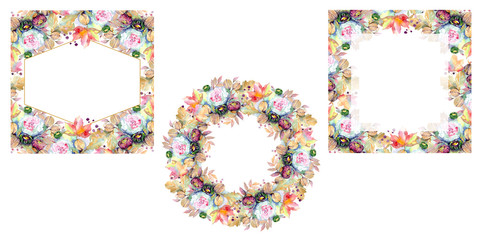 Bouquets floral botanical flower. Watercolor background illustration set. Frame border ornament square.