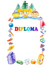  Template for diploma for tourist and scout theme with happy kids and tourist attributes, relaxing in a summer camp. Watercolor. A4 paper format.