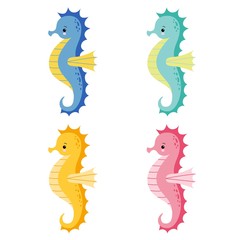 Set of Cute cartoon colorful Sea horse isolated. Seahorse on a white background, vector illustration.