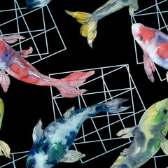 Obraz premium Spotted aquatic underwater colorful tropical fish set. Watercolor illustration set. Seamless background pattern.