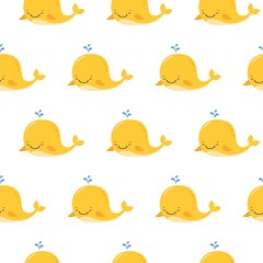 Cute background with cartoon yellow whales. Kawaii animal pattern